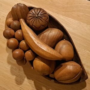 Mid Century Monkey Pod Wood Fruit Tray - 9 Piece Set